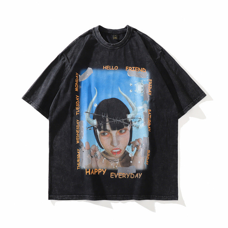 Men T Shirt Printed T-shirt Retro Hip Hop Short Sleeve Top for Men and Women
