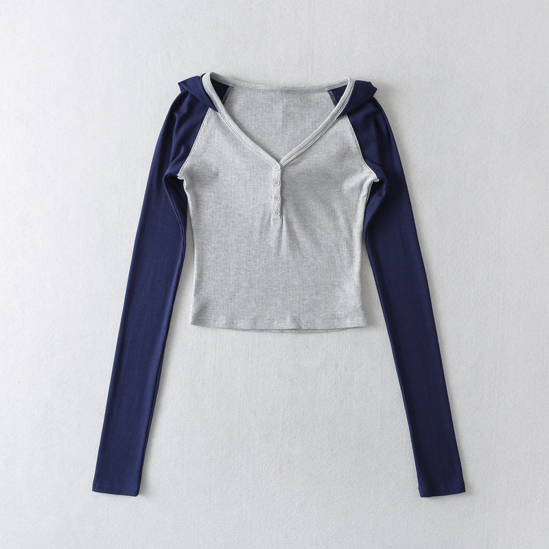 Women T-Shirt Hooded Ins Sports Top Short Stitching Sweater Women