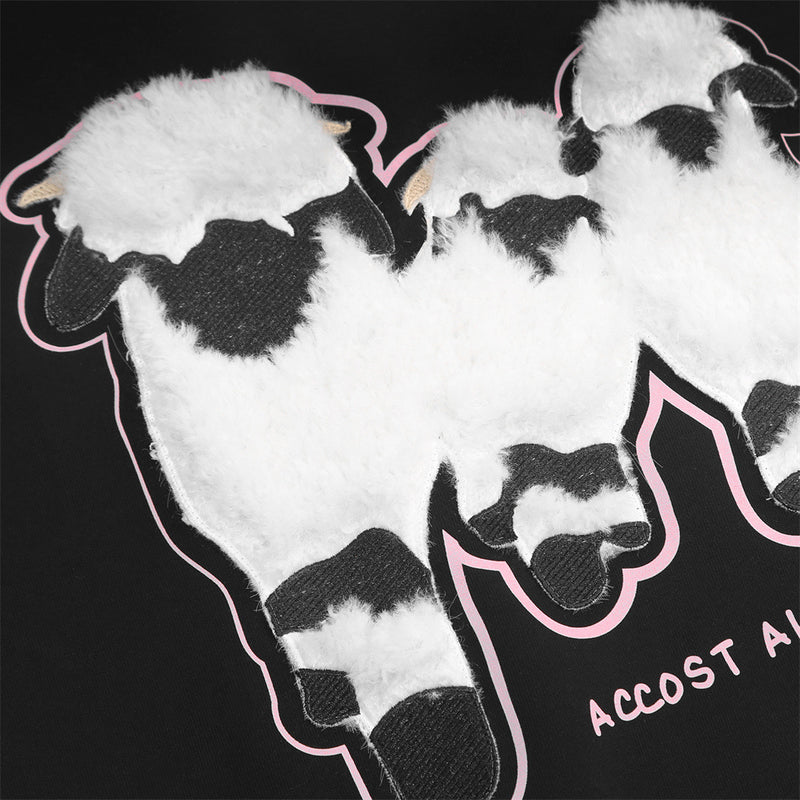 Men Hoodie Flocking Embroidered Lamb Animal Loose Sweater