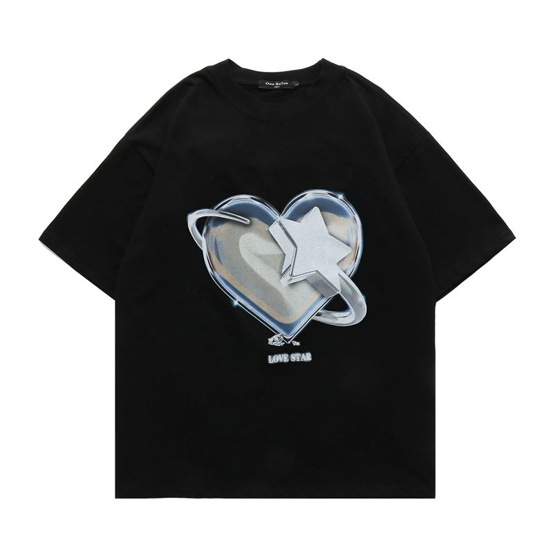 Men T Shirt Heart Printing Short-Sleeved T-shirt Men's Loose Couple Casual