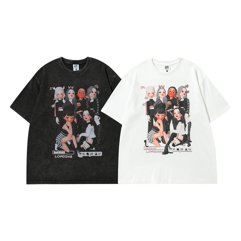 Men T Shirt Cartoon Printed Worn Looking Washed-out Short-Sleeved T-shirt Men and Women Couple