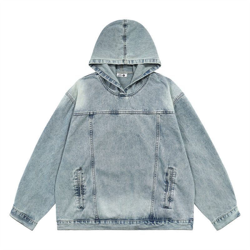 Men Denim Jacket Washed Distressed Stitching Denim Hoodie Men's Loose Jacket Hooded Coat Autumn and Winter