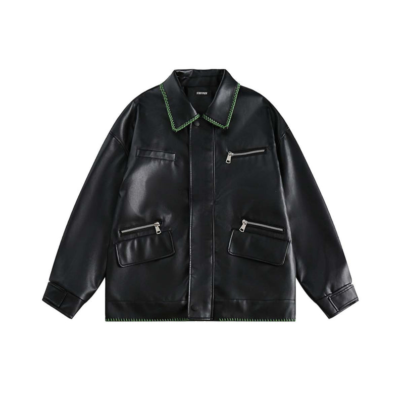 Unisex Jacket Autumn Contrast Color Embroidered Edge Leather Coat