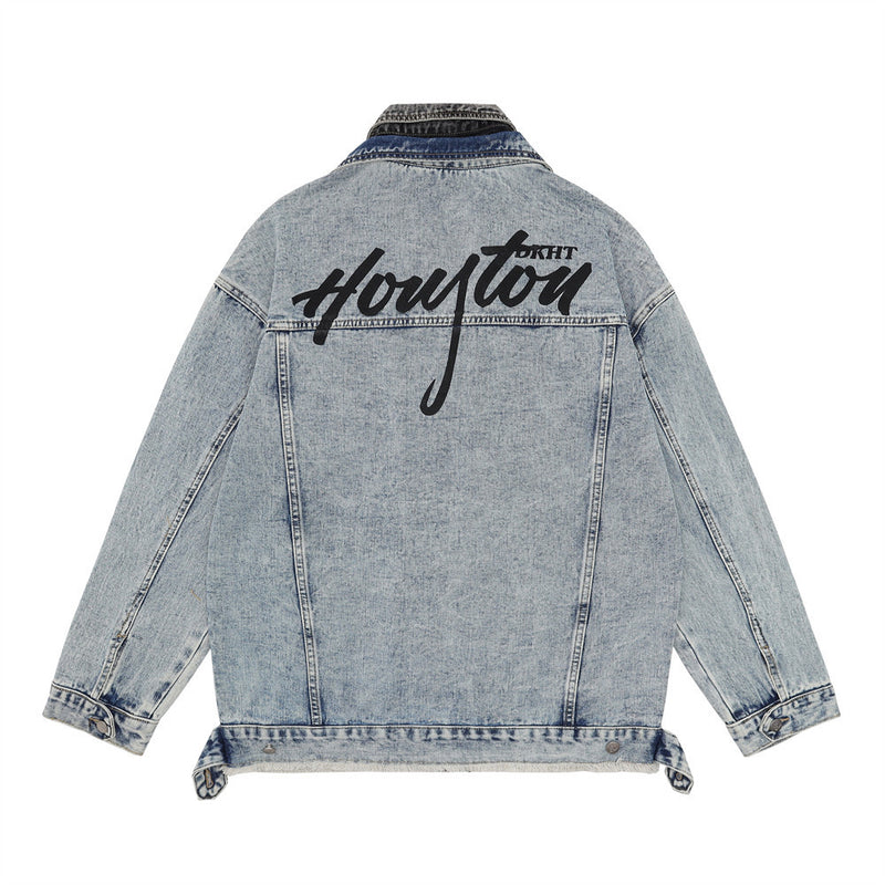 Men Denim Jacket Men's Stitching Wash Loose-Fitting Denim Clothes Coat