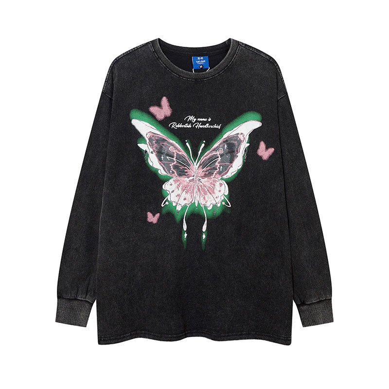 Men Long Sleeve Shirt Butterfly Graffiti Printing Washed Bottoming Long Sleeve T-shirt Oversize Men and Women Ins