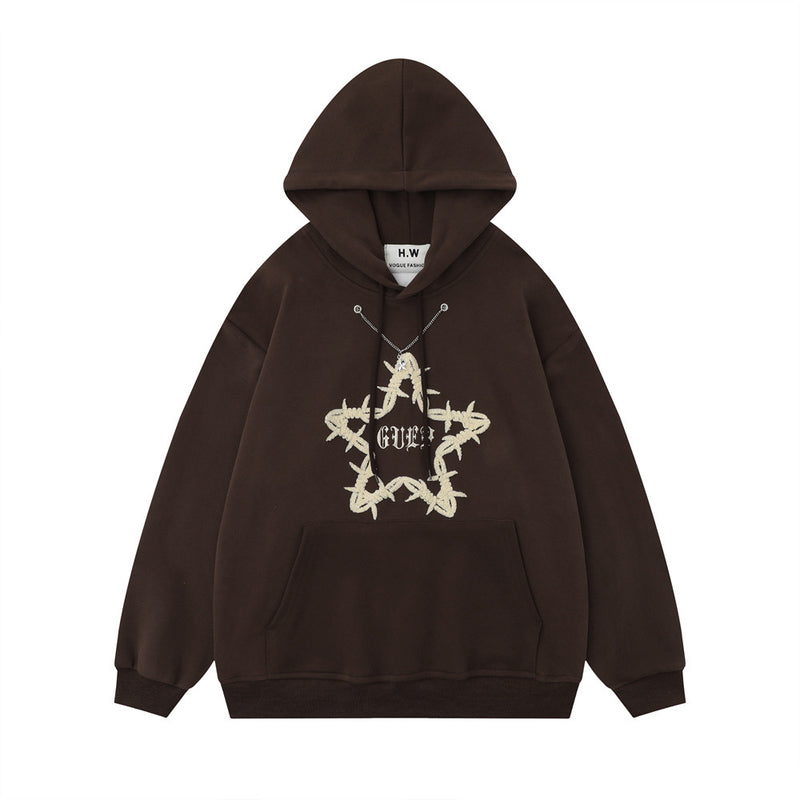 Men Hoodie Five-Pointed Star Embroidered Sweater Men's Long Sleeve Loose