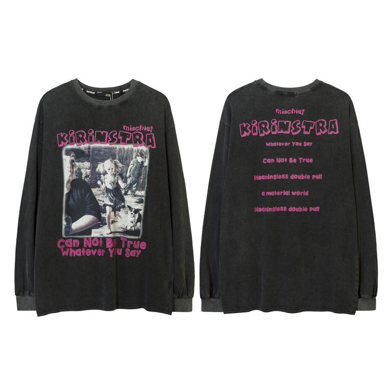 Men Long Sleeve Shirt Vintage Portrait Printing Long Sleeve Bottoming Shirt Distressed T-shirt for Men