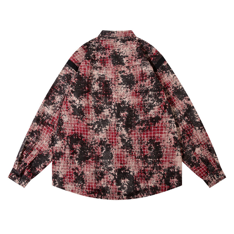 Men Long Sleeved T Shirt Distressed Plaid Shirt Men's High Street Stitching Loose Lapels Long Sleeve Shirt Coat Autumn and Winter