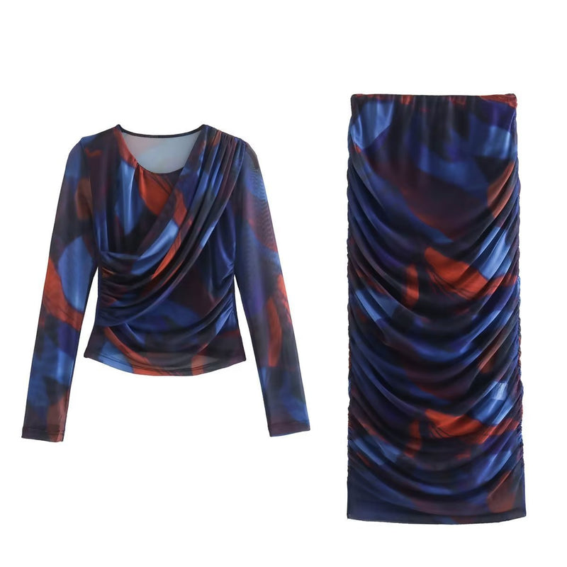 Women Skirt Autumn Printing Silk Net Printing Silk Net Skirt Suit