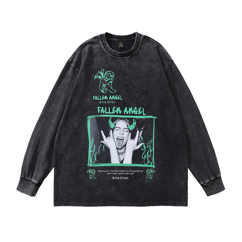 Men Long Sleeve Shirt Portrait Distressed Long Sleeve T-shirt Men and Women Oversize Couple