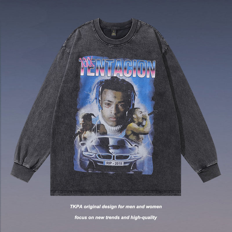 Men Long Sleeve Shirt Rap Character Print Washed and Worn Long Sleeve Bottoming T-shirt for Men and Women