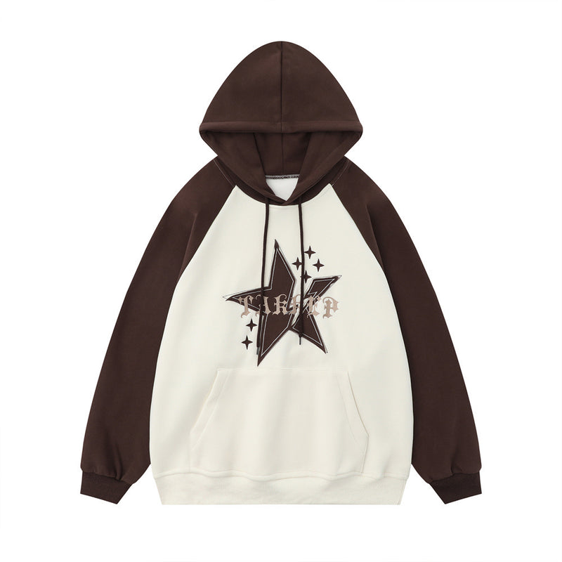 Men Hoodie Hooded Sweater Men's Five-Pointed Star Paste Cloth Embroidery Contrast Color Long Sleeves