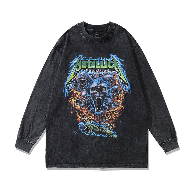 Men Long Sleeve Shirt Printed Washed and Worn Long Sleeve T-shirt Men and Women Couple Hip-Hop Pullover