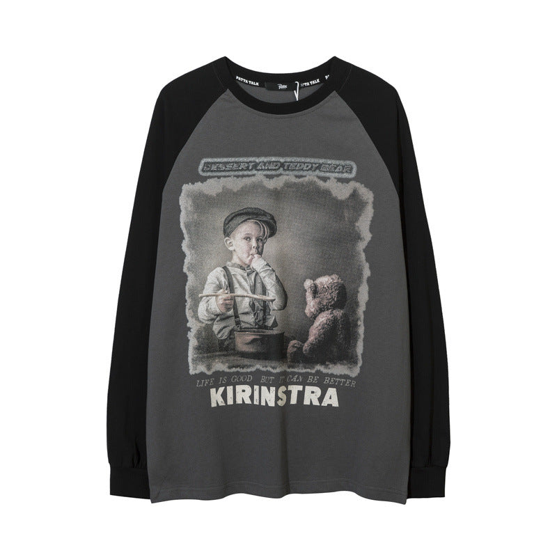 Men Long Sleeve Shirt Long Sleeve T-shirt Men's and Women's Loose Retro Top Sweater Couple Wear