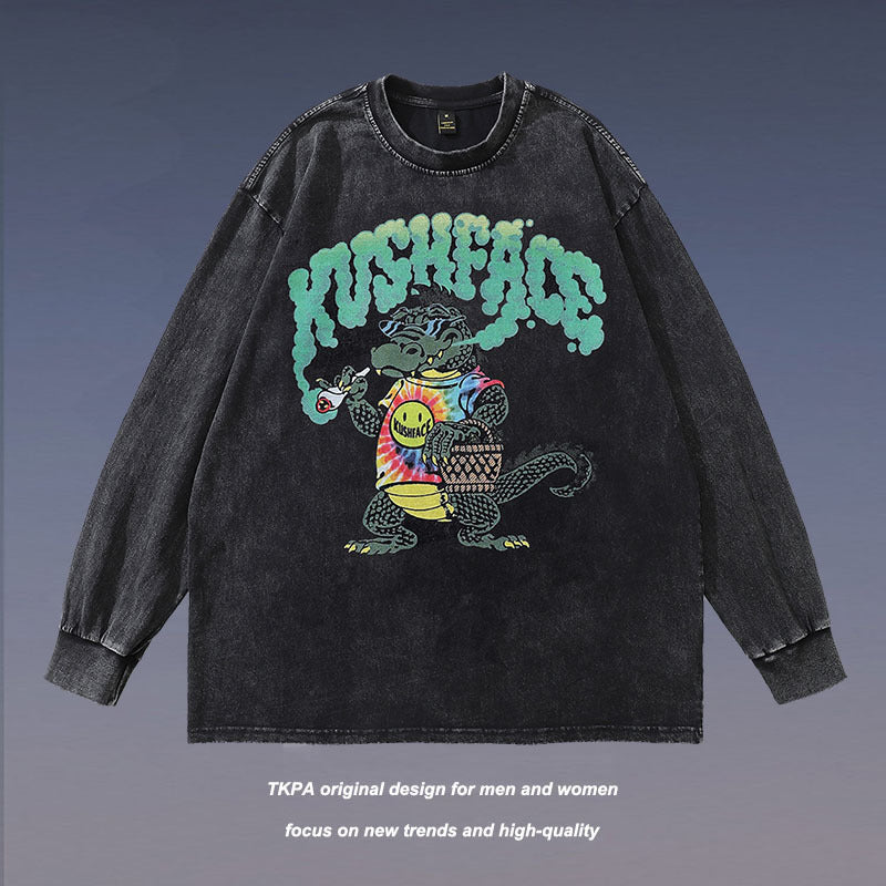Men Long Sleeve Shirt Vintage Cartoon Printed Washed Long Sleeve Bottoming T-shirt Men and Women Ins