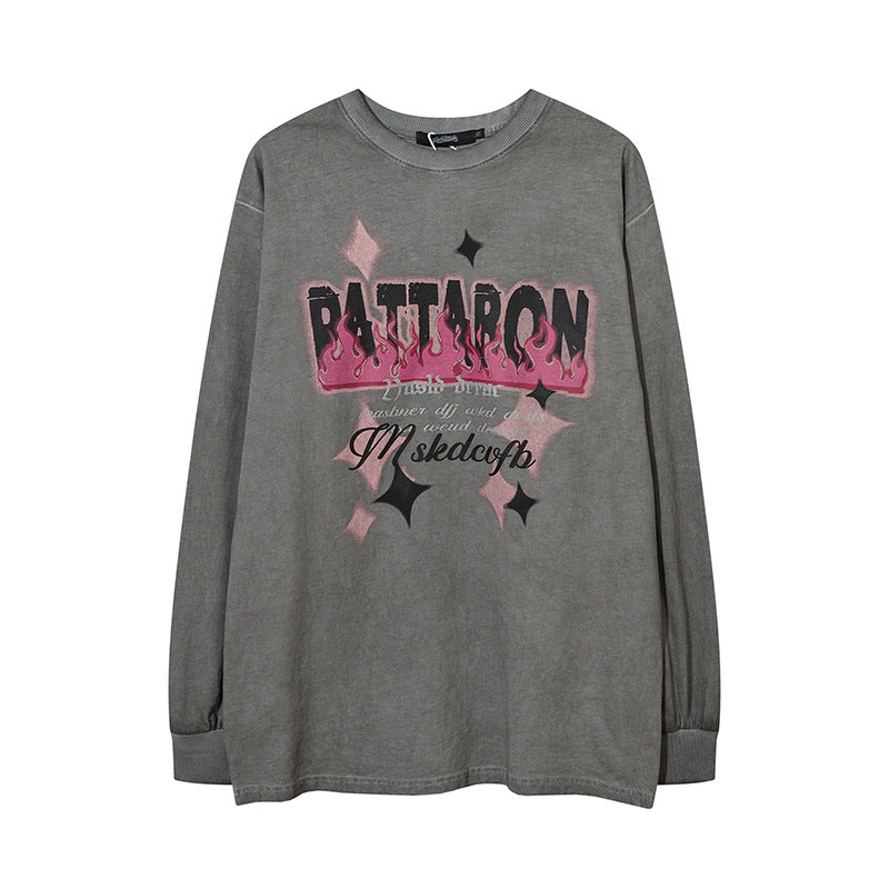 Men Long Sleeve Shirt Vintage Print Distressed Long Sleeve T-shirt Men and Women American Style Hip Hop Loose