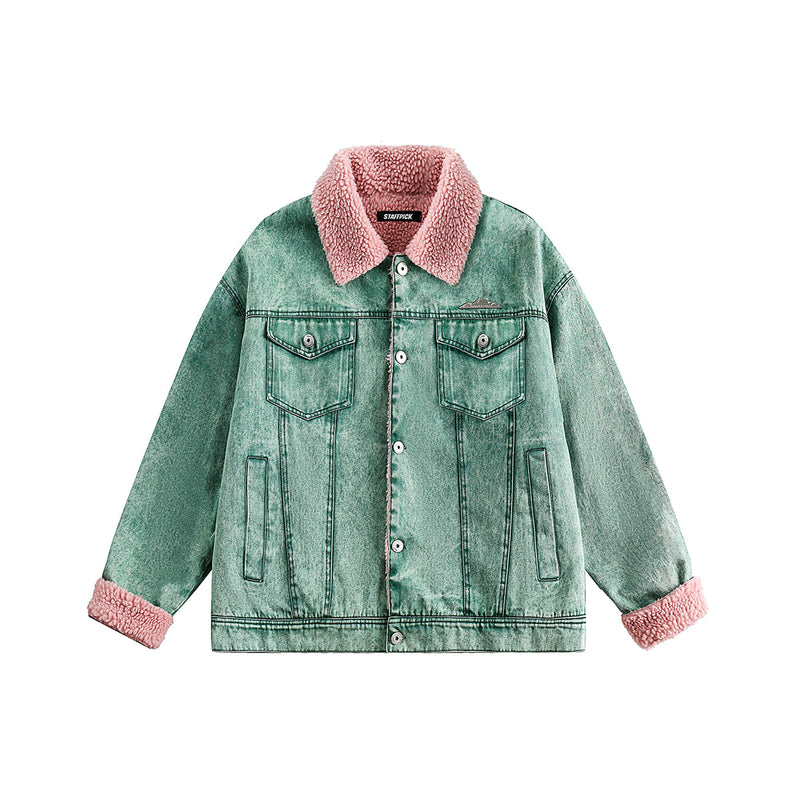 Unisex Jacket Winter Lambskin Color Contrast Patchwork Coat