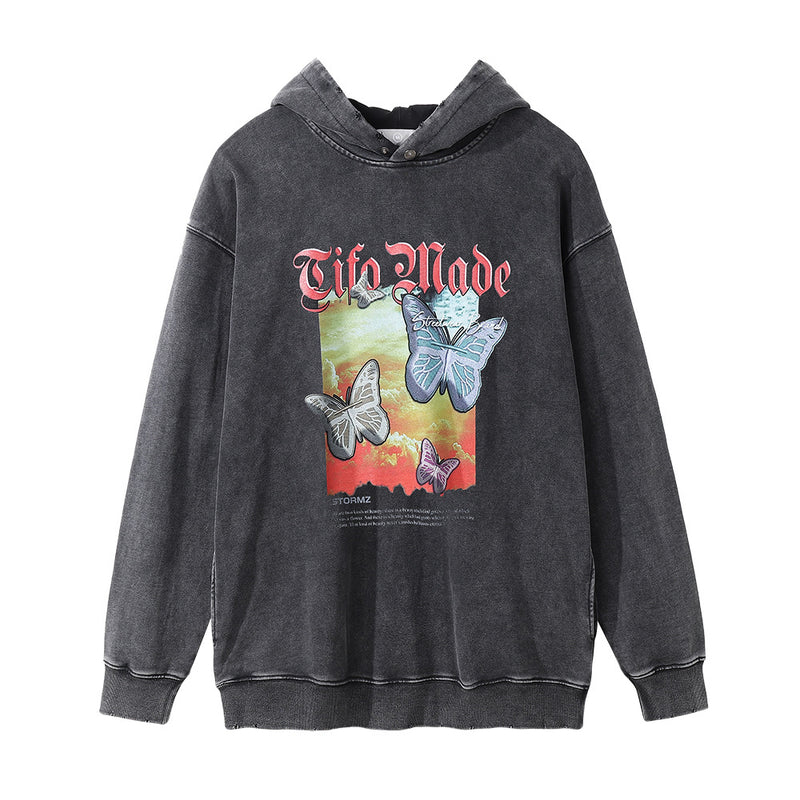 Men Hoodie Worn Looking Washed-out Hooded Pullover Hip Hop Side Seam Sidekick Worn Hoodie