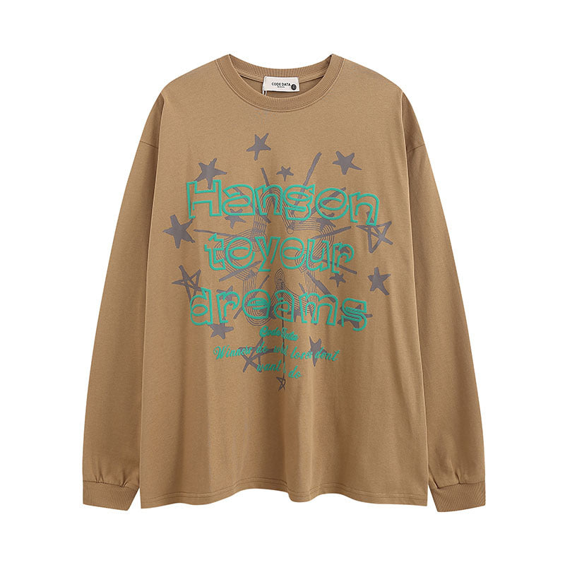 Men Long Sleeve Shirt Idle Style Alphabet Graffiti Print Long Sleeve T-shirt Men and Women All-Matching