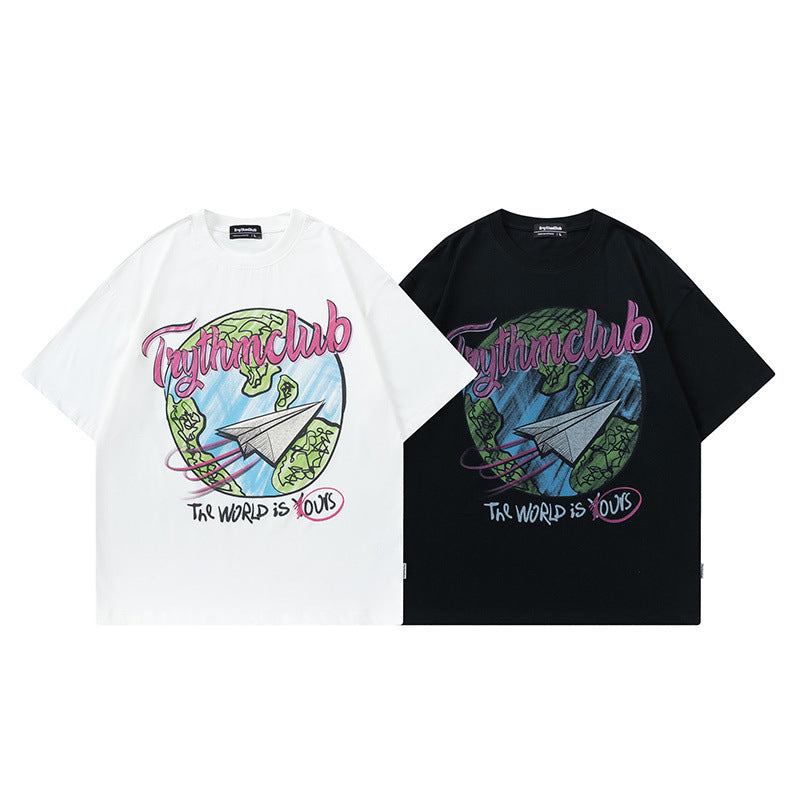 Men's T Shirt Printed Distressed Short-Sleeved T-shirt Men's and Women's Retro Loose