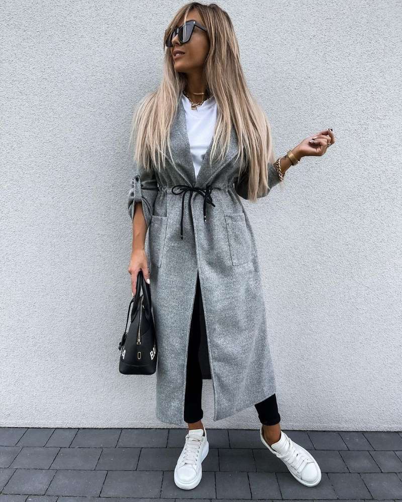 Plaid Trench Coat Autumn and Winter Long Sleeve Button Lapel Keep Warm Pure Color Long Woolen Coat
