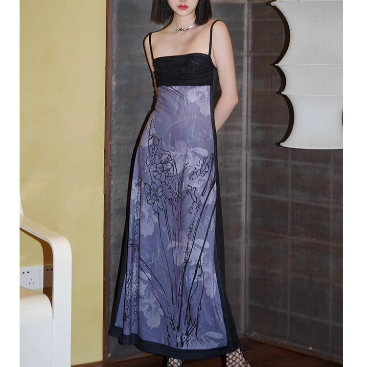 Women Dresses Summer Retro Spaghetti Straps Dress
