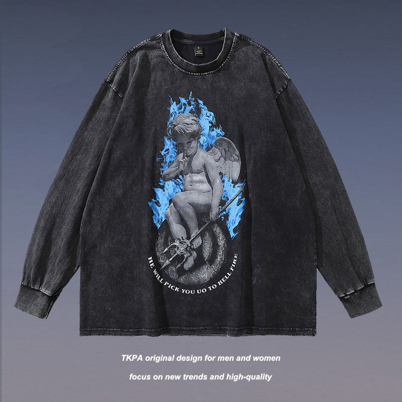 Men Long Sleeve Shirt Vintage Angel Washed Long Sleeve T-shirt Men's Distressed All-Match Top