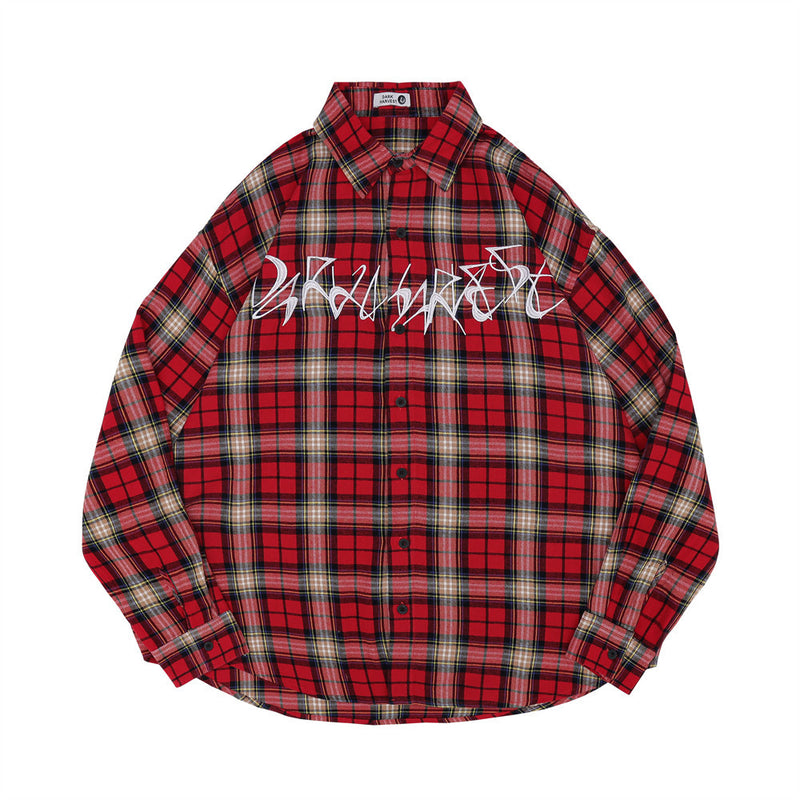 Men Long Sleeved T Shirt Spring and Autumn Lattice Shirt Men Letter Embroidery Loose Shirt Coat