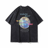 Men T Shirt Washed T-shirt Couple Retro Distressed Loose Street