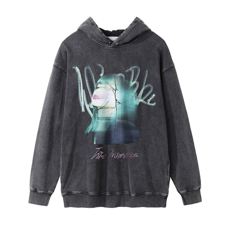 Men Hoodie Star Poster Figure Head Portrait Hooded Sweater Washed Distressed Hip Hop Loose Worn Pullover Hoodie