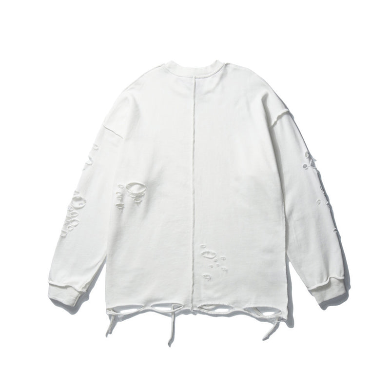 Men Hoodie Vibe Style Solid Color Simple Ripped Sweater Long Sleeve Loose round Neck Pullover Bottoming Shirt