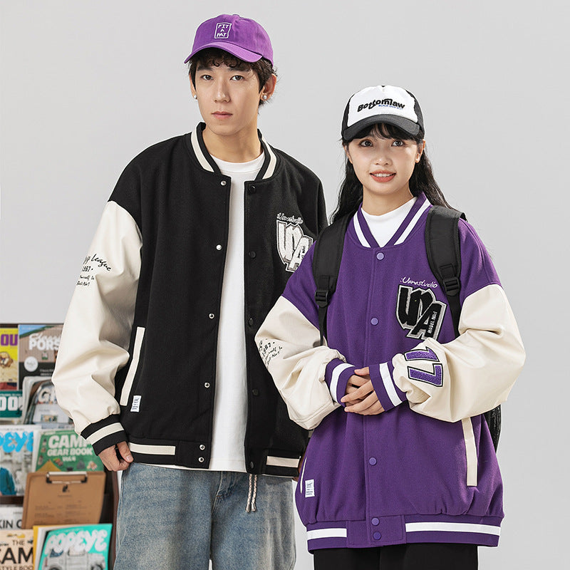 Varsity Jacket Vintage Baseball Uniform Men's Autumn and Winter PU Leather Stitching Embroidery Couple Wear
