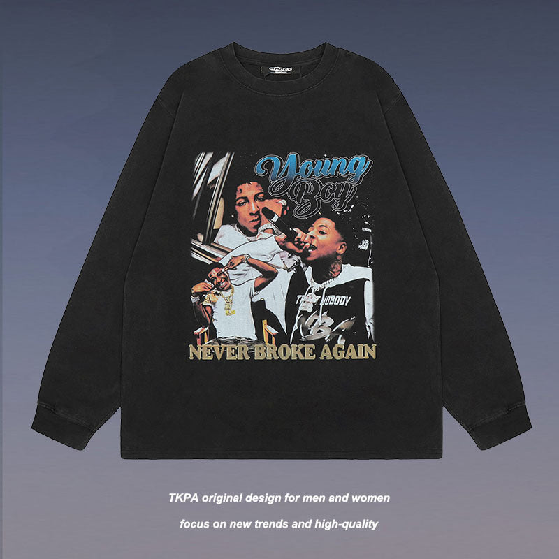 Men Long Sleeve Shirt West Coast Retro Long Sleeve Bottoming T-shirt Men's and Women's Ins Distressed Long Sleeve Top