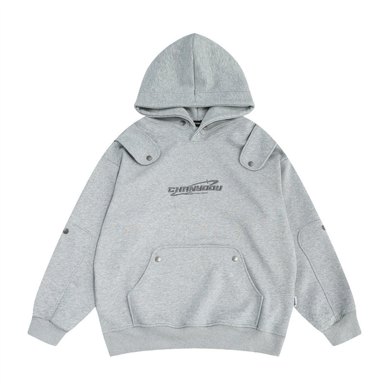 Men Hoodie Letter Embroidered Shoulder Pad Decorative Hooded Sweater