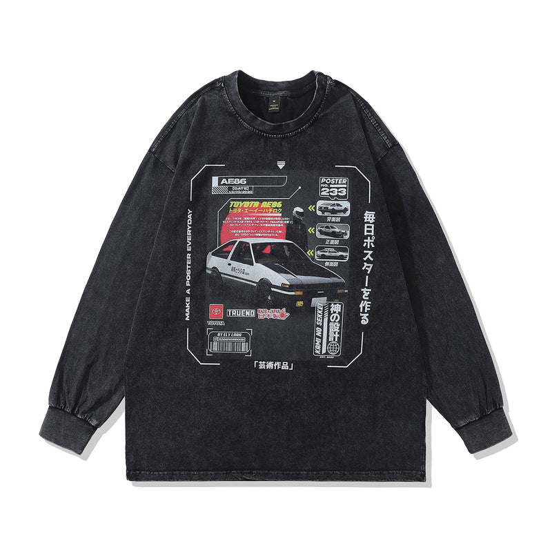 Men Long Sleeve Shirt Long Sleeve T-shirt Men and Women Couple Washed Distressed Street round Neck