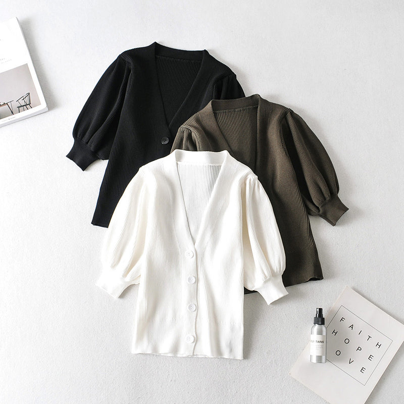 Women T-shirt V-neck Knitted Cardigan Women Retro Short T-shirt