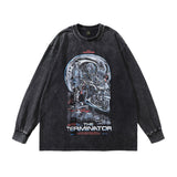 Men Long Sleeve Shirt Printed Vintage Hip Hop Retro Style Washed round Neck Long Sleeve Bottoming T-shirt