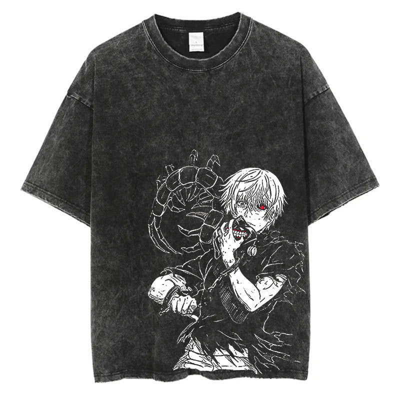 Vintage Black Washed Cotton Tees Shirts Anime Graphic
