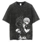 Vintage Black Washed Cotton Tees Shirts Anime Graphic