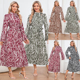 Jungle Print Maxi Dress Stand Collar Thin Band Dress Leopard Print
