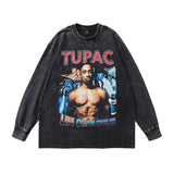 Men Long Sleeve Shirt Hip Hop Vintage Long Sleeve T-shirt Men and Women Retro Washed and Worn