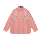 Men Long Sleeved T Shirt Cartoon Vertical Striped Long Sleeve Shirt Boys Casual Loose Lapels Shirt Ins Spring and Autumn