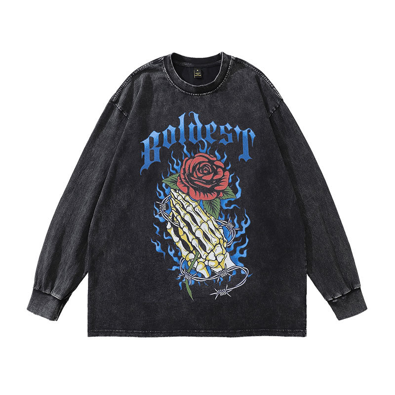 Men Long Sleeve Shirt Gothic Rose Skull Printed Long Sleeve T-shirt Men and Women Washed Distressed