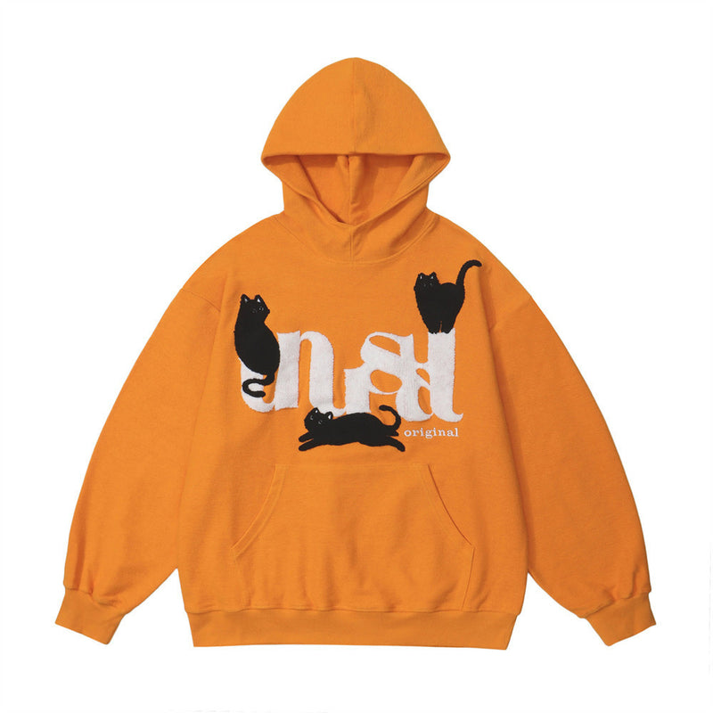 Men Hoodie Flocking Embroidered Cat Letter Hooded Sweater