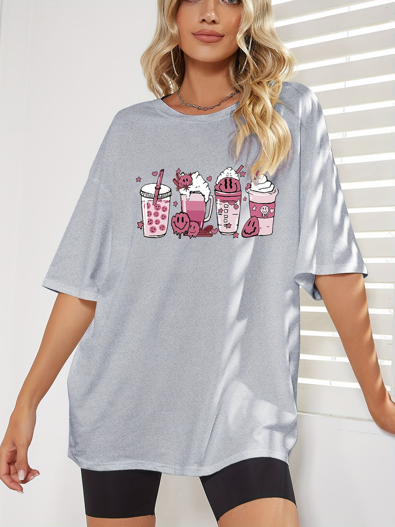 Drinking Print Oversized T-shirt Casual Crew Neck Drop