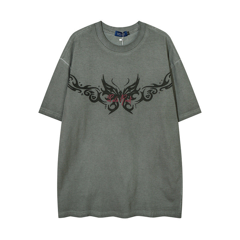 Men T Shirt Washed and Worn Short-Sleeved T-shirt Men's Retro