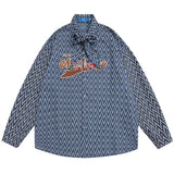 Men Long Sleeved T Shirt Cartoon Letter Embroidered Neckline Long Sleeve Shirt Trendy Loose Striped Shirt