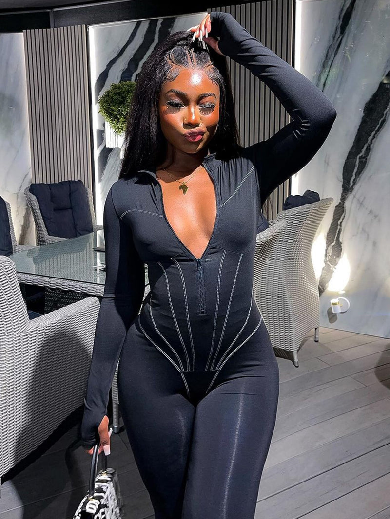 Women Jumpsuit Sports Slim-Fitting Long-Sleeve Zipper Jumpsuit Women