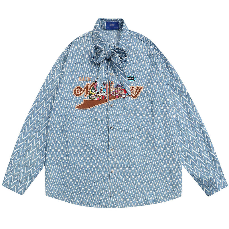 Men Long Sleeved T Shirt Cartoon Letter Embroidered Neckline Long Sleeve Shirt Trendy Loose Striped Shirt