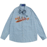 Men Long Sleeved T Shirt Cartoon Letter Embroidered Neckline Long Sleeve Shirt Trendy Loose Striped Shirt